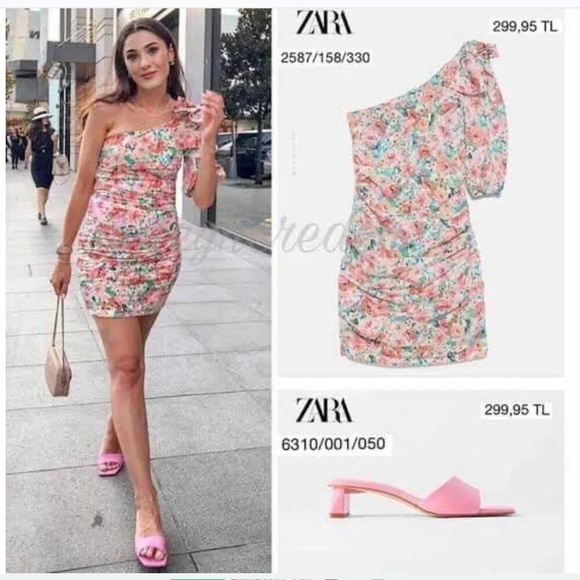 Zara One Shoulder Floral Draped Bodycon Mini Dress Size Small - Picture 2 of 13